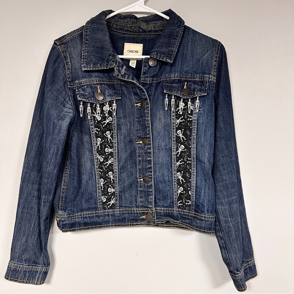 Black & White Skeleton fabric on an Upcycled Cherokee Denim Jacket., XL 14 / 16